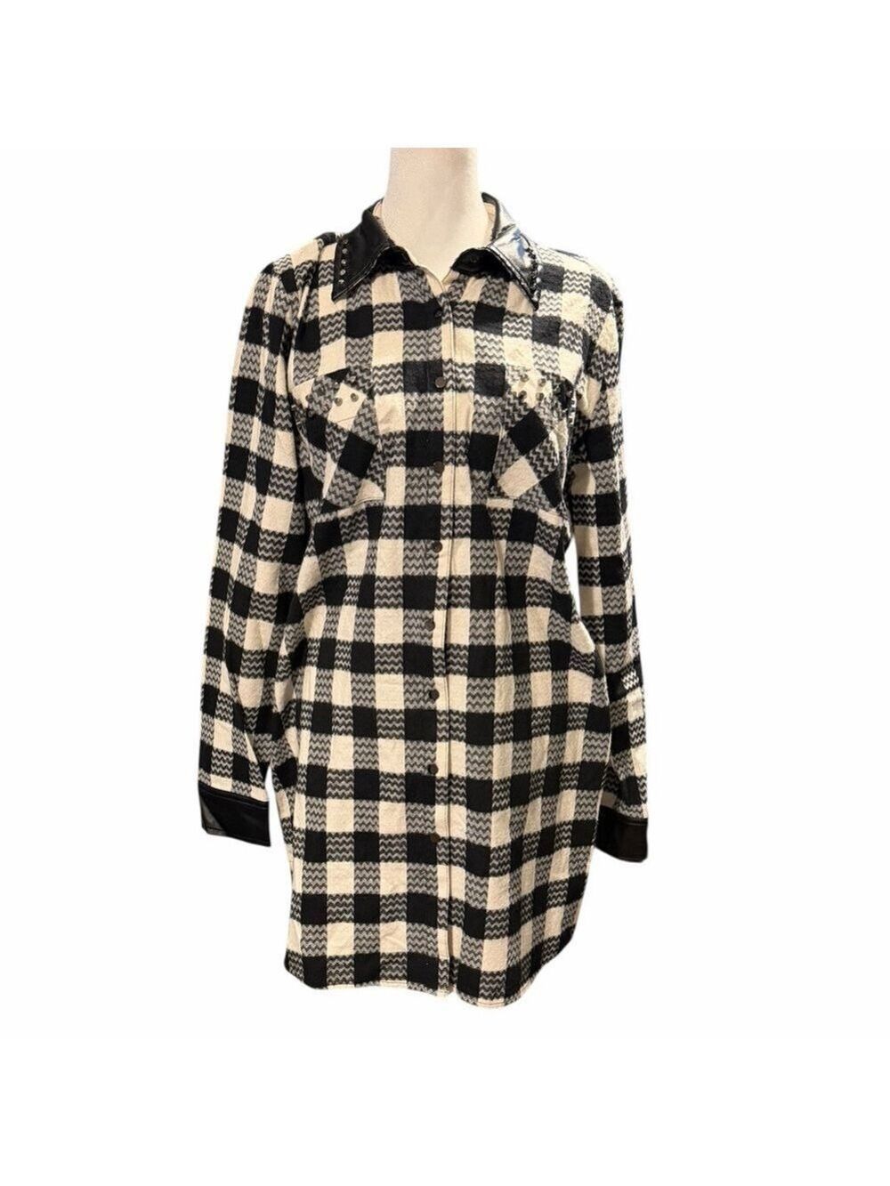 Simon Chang Buffalo Plaid Studded Faux Leather Collar and Cuffs Shirt Dress